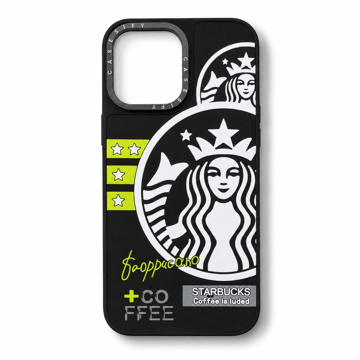 قاب آیفون ۱۳ پرومکس طرح Starbucks مشکی مات با محافظ لنز دوربین
