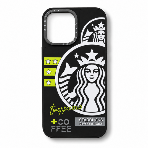 قاب آیفون ۱۳ پرومکس طرح Starbucks مشکی مات با محافظ لنز دوربین