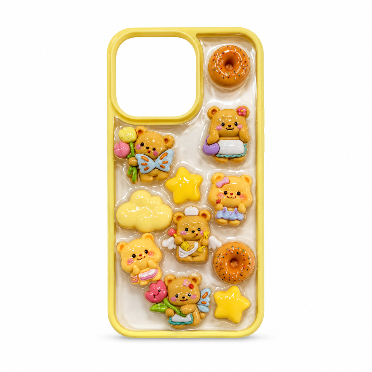 قاب آیفون 13 پرو مدل Kawaii Bear با طراحی شفاف، حاشیه زرد و طرح برجسته خرس‌های فانتزی