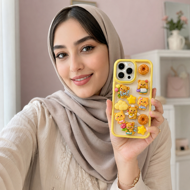 قاب آیفون 13 پرو مدل Kawaii Bear با طراحی شفاف، حاشیه زرد و طرح برجسته خرسهای فانتزی
