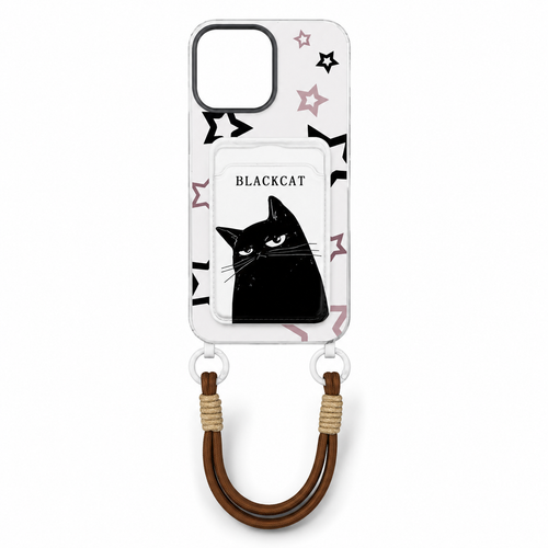 قاب شفاف آیفون طرح گربه مشکی Black Cat با جاکارتی و بند آویز قهوهای