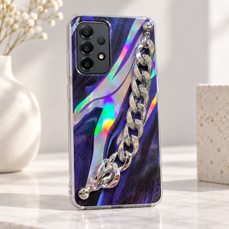 قاب سامسونگ Galaxy A52 با طرح زنجیر فلزی نقرهای، طراحی هولوگرامی براق و قاب محافظ شیک