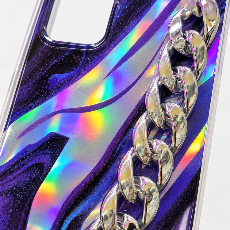 قاب سامسونگ Galaxy A52 با طرح زنجیر فلزی نقرهای، طراحی هولوگرامی براق و قاب محافظ شیک