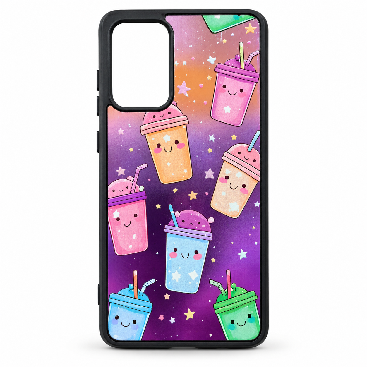قاب گوشی سامسونگ Galaxy A52 طرح لیوان‌های کارتونی رنگی در فضای کهکشانی بنفش، قاب محافظ فانتزی ضد ضربه
