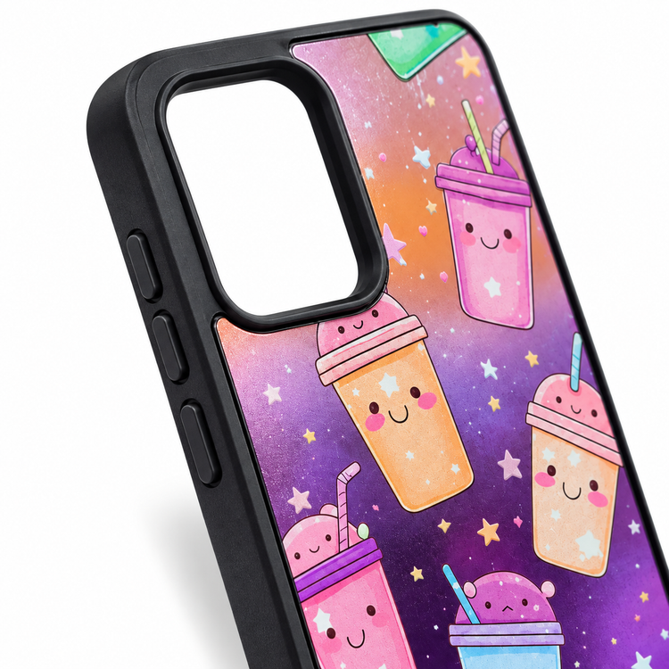قاب گوشی سامسونگ Galaxy A52 طرح لیوانهای کارتونی رنگی در فضای کهکشانی بنفش، قاب محافظ فانتزی ضد ضربه