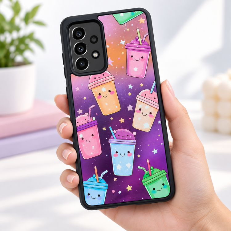 قاب گوشی سامسونگ Galaxy A52 طرح لیوانهای کارتونی رنگی در فضای کهکشانی بنفش، قاب محافظ فانتزی ضد ضربه