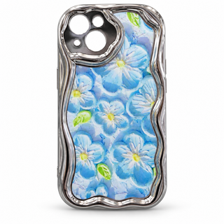 iPhone 13 Blue Floral Pattern Case with Glossy Chrome Wave Frame