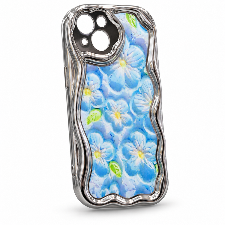 iPhone 13 Blue Floral Pattern Case with Glossy Chrome Wave Frame