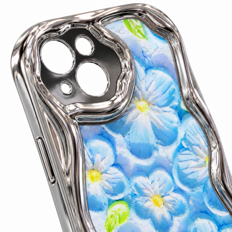 iPhone 13 Blue Floral Pattern Case with Glossy Chrome Wave Frame