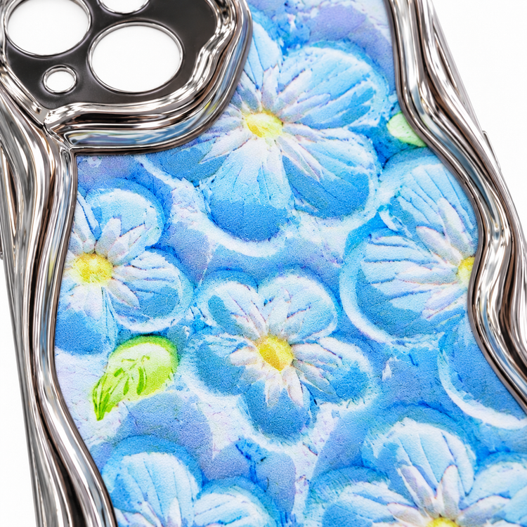 iPhone 13 Blue Floral Pattern Case with Glossy Chrome Wave Frame